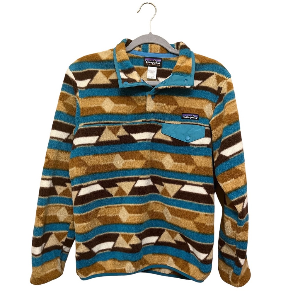 Patagonia Brown Tan Blue Patterned Synchilla Fleece Pullover